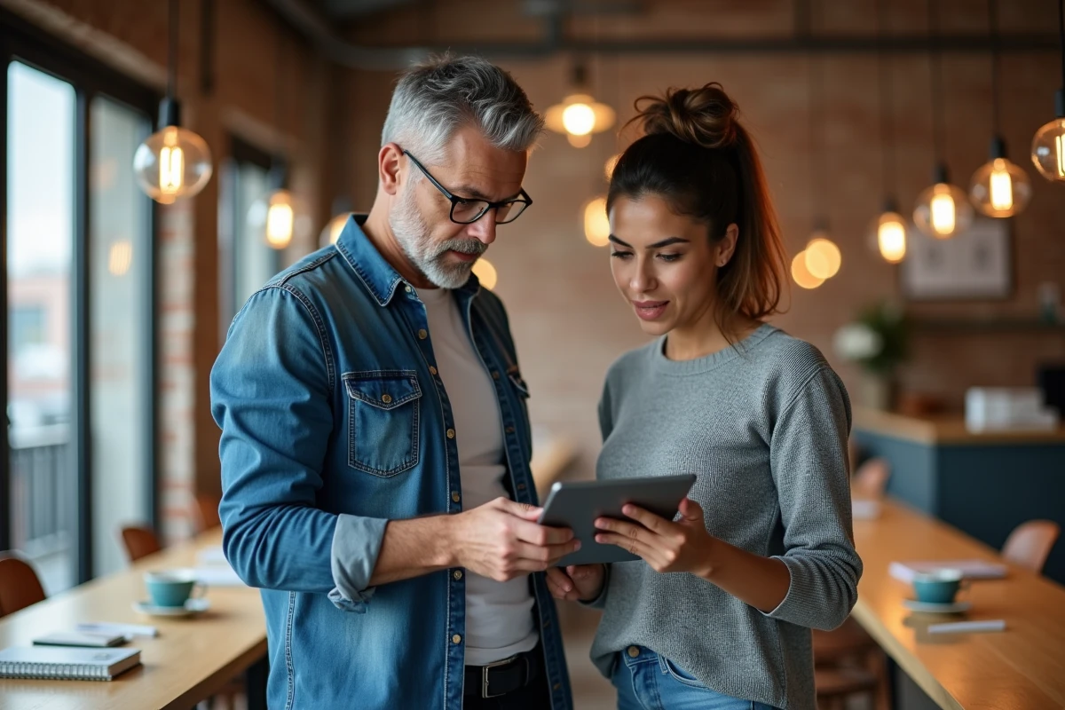 Deux collègues consultant un document partagé sur tablette dans un espace de coworking pour harmoniser leurs accords rédactionnels