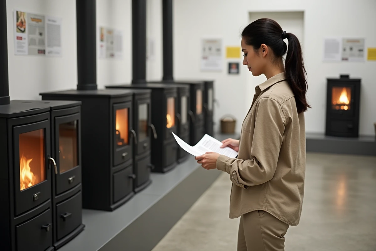 Femme comparant plusieurs modèles de poêles à bois dans un showroom de chauffage