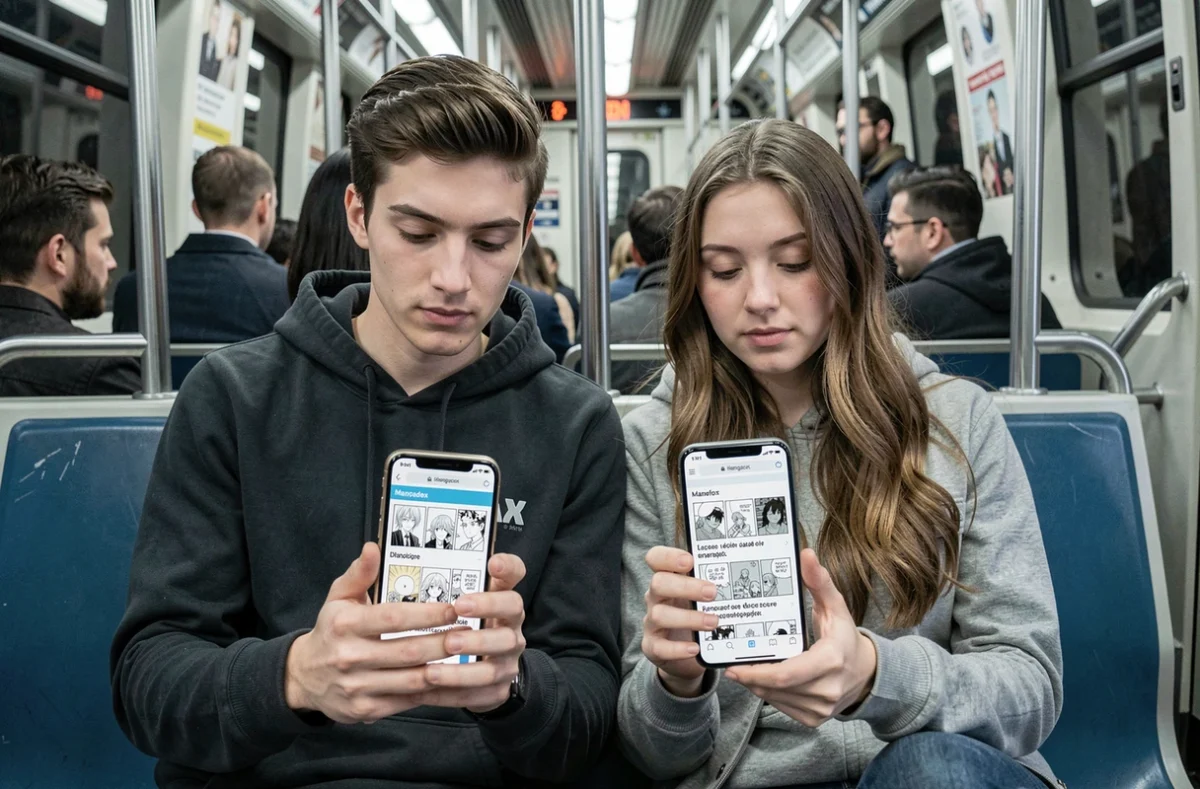 Deux jeunes adultes dans le métro parisien comparant des sites de scans manga en français comme Mangadex et Mangafox sur leurs smartphones