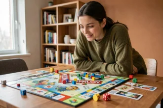 Jeune femme jouant à Monopoly Go autour d'une table en bois dans un appartement moderne, stratégie de jeu de société en 2026