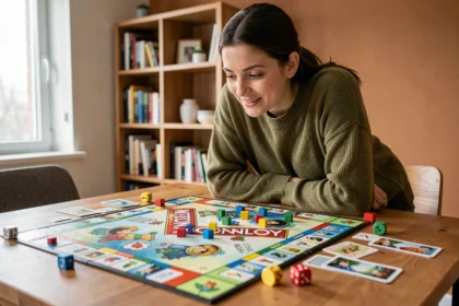 Jeune femme jouant à Monopoly Go autour d'une table en bois dans un appartement moderne, stratégie de jeu de société en 2026