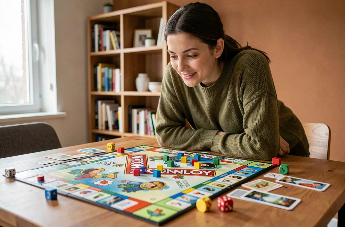 Jeune femme jouant à Monopoly Go autour d'une table en bois dans un appartement moderne, stratégie de jeu de société en 2026