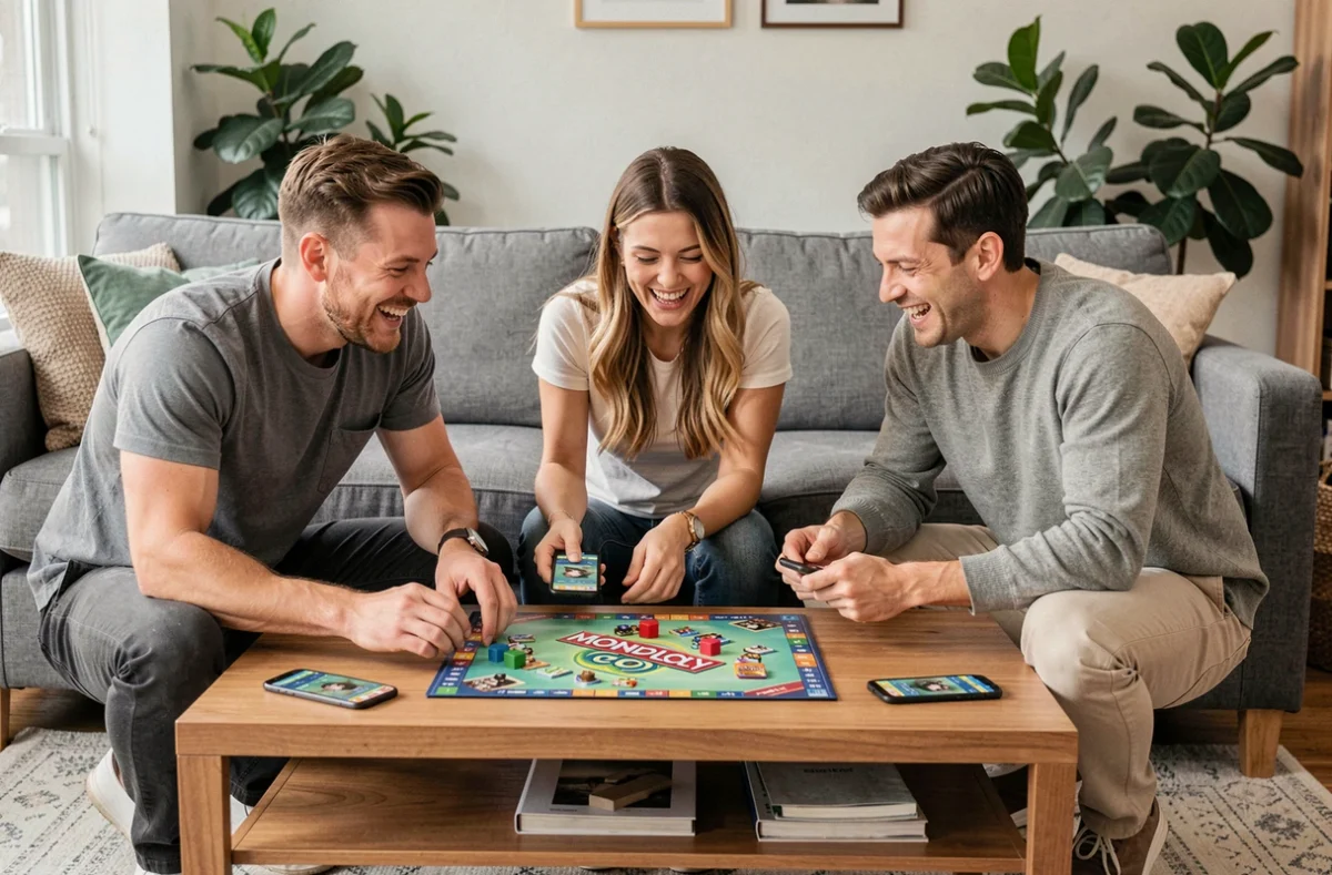 Groupe d'adultes jouant à Monopoly Go avec smartphones et plateau de jeu dans un salon contemporain, conseils et stratégies entre amis