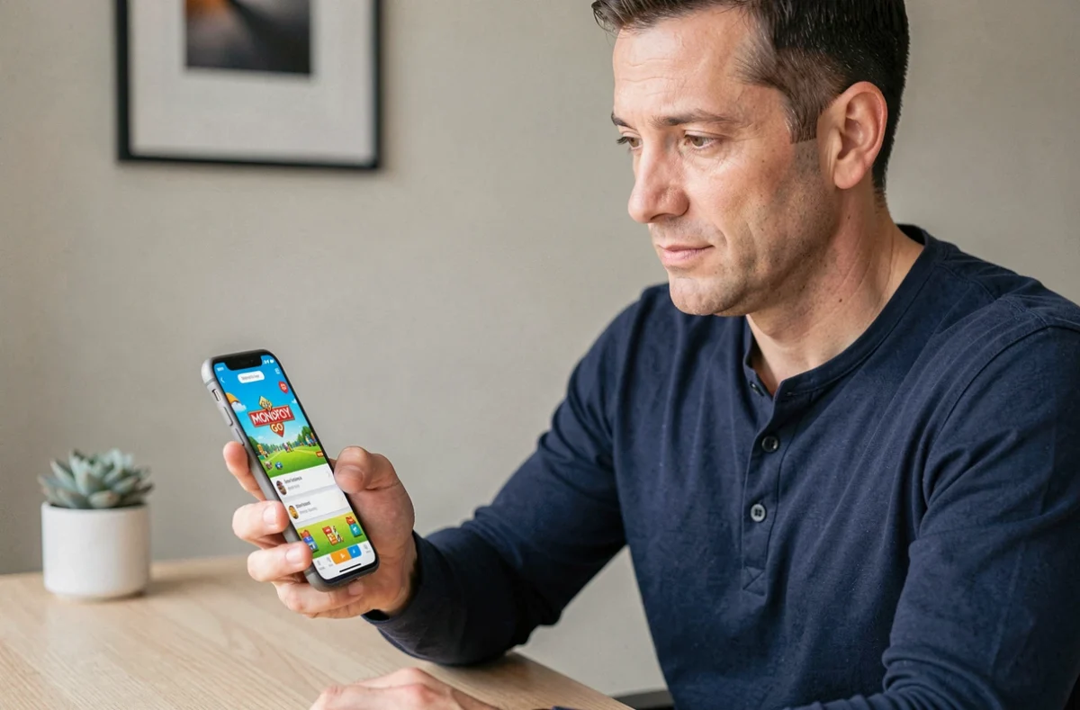 Homme consultant des conseils Monopoly Go sur smartphone dans un bureau à domicile minimaliste, stratégie de jeu mobile en 2026