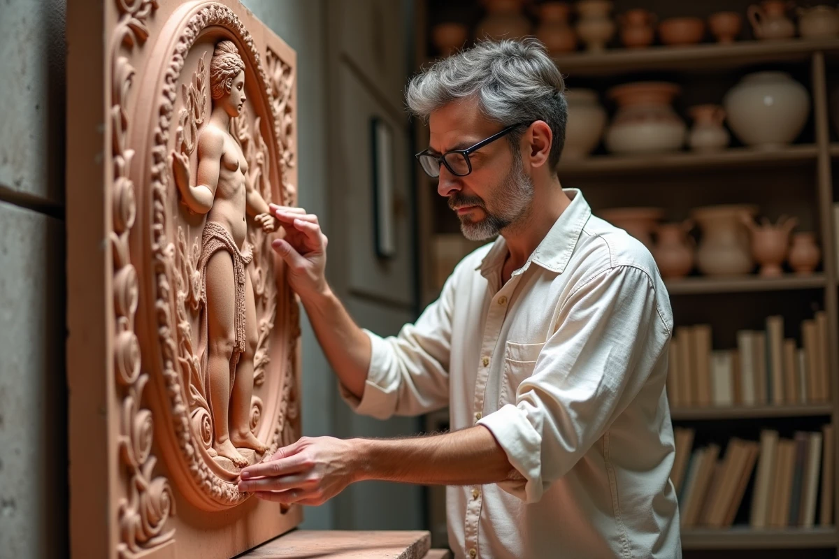 Conservateur de musée examinant un bas-relief en terre cuite représentant Prométhée enchaîné, étude de mythologie grecque antique
