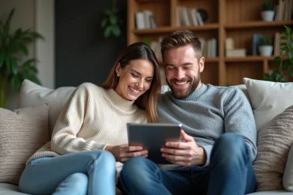 Couple souriant sur un canapé dans un appartement parisien