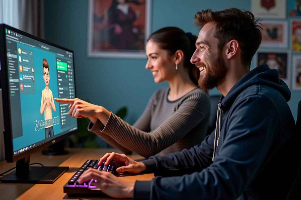 Couple de joueurs découvrant ensemble des mods pour Les Sims 4 sur un grand écran PC dans une salle de jeux