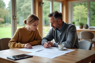 Couple examine des documents immobiliers dans une maison moderne