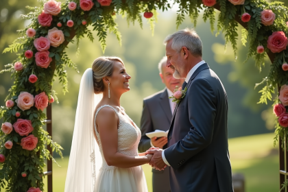 Couple mature échangeant vœux sous un arc floral en extérieur