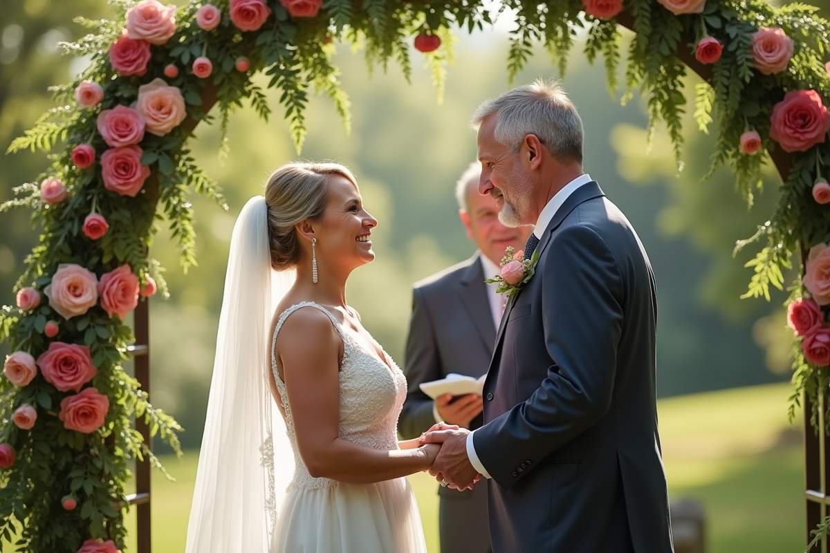 Couple mature échangeant vœux sous un arc floral en extérieur