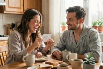 Couple qui rit ensemble le matin en lisant un petit mot drôle à table avec café et tartines