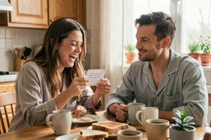 Couple qui rit ensemble le matin en lisant un petit mot drôle à table avec café et tartines
