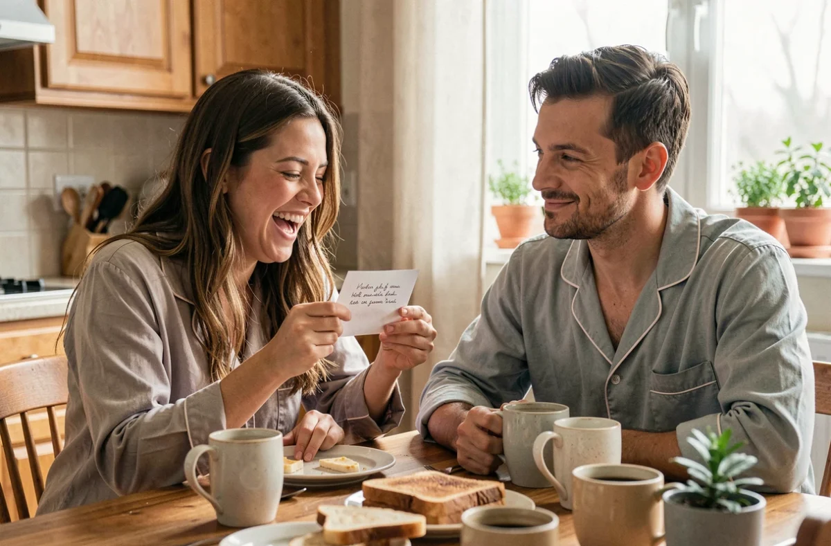 Couple qui rit ensemble le matin en lisant un petit mot drôle à table avec café et tartines