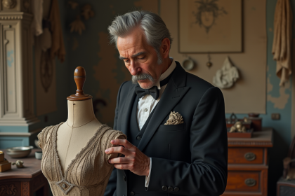 Couturier âgé examinant une robe dans un atelier parisien ancien