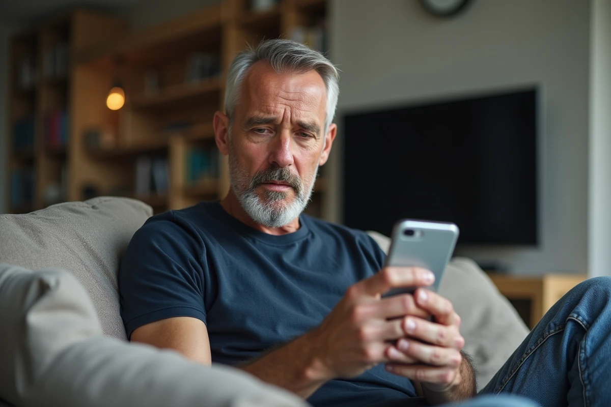 Homme consultant les options d'annulation Amazon Prime sur son smartphone dans un salon moderne