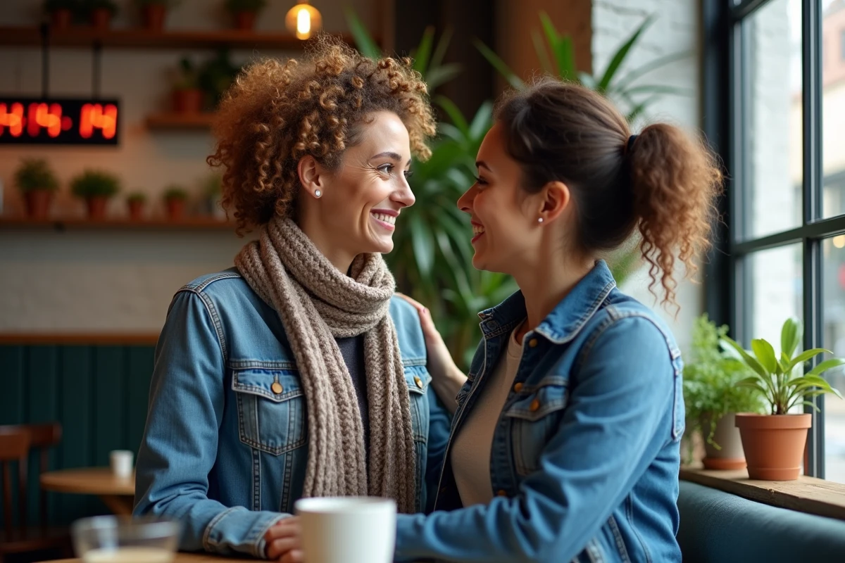 Deux femmes souriantes dans un café chaleureux