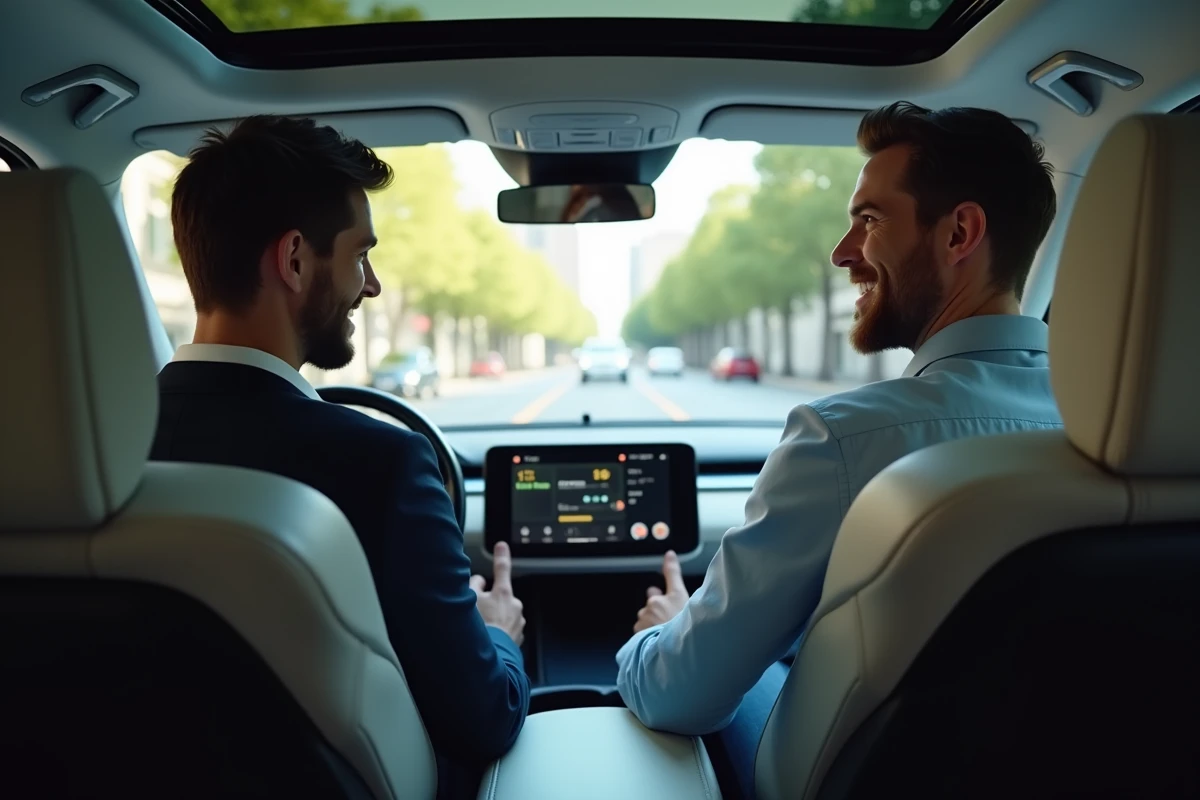 Deux hommes dans voiture autonome en discussion