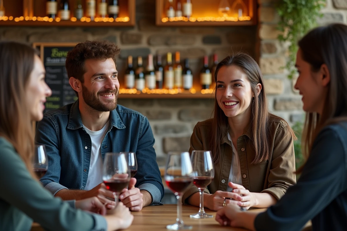 Jeune homme et femme dégustant du vin dans un bar à Bordeaux