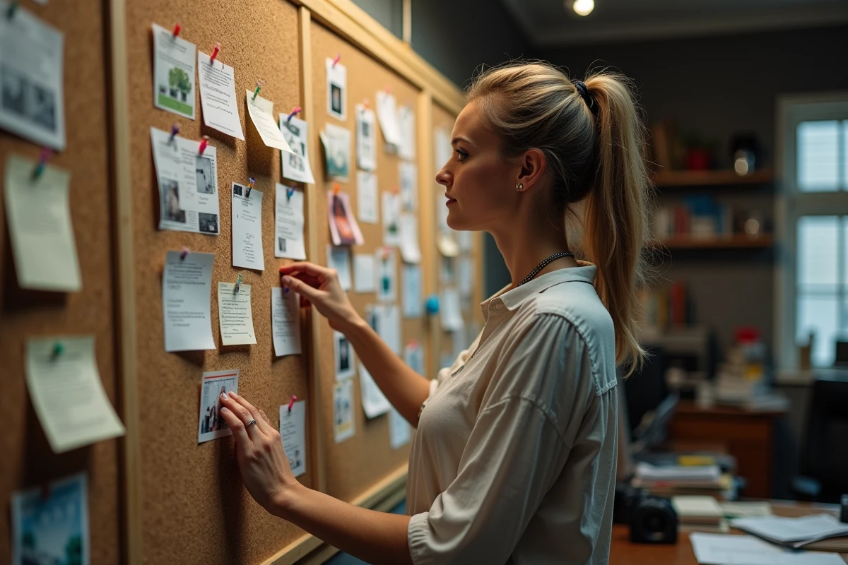 Directrice créative organisant des références visuelles et influences cachées sur un tableau de liège dans un bureau de production cinématographique