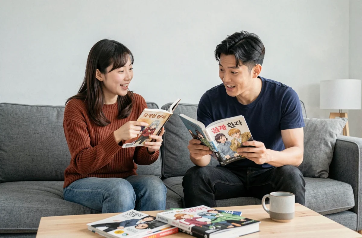 Deux adultes discutant de manhwa coréen ensemble sur un canapé moderne dans un salon scandinave, scène de lecture partagée