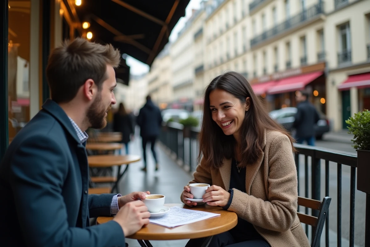 Deux personnes analysant les paroles de la chanson Lola de Renaud à la terrasse d'un café parisien
