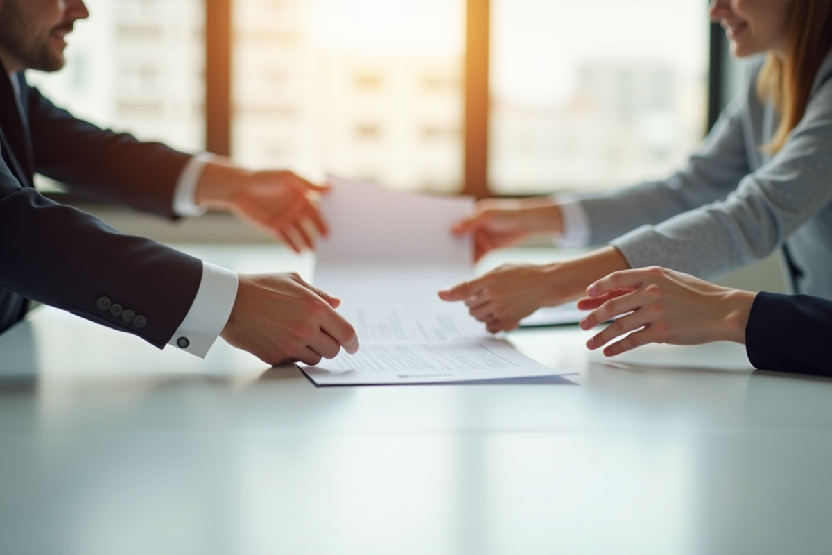 Deux mains échangeant un contrat signé dans un bureau lumineux