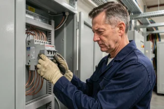 Électricien professionnel connectant les bornes d'un transformateur abaisseur 380V en 220V dans une armoire électrique industrielle