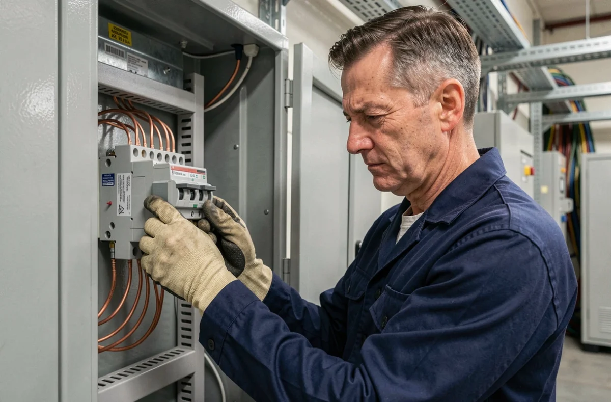Électricien professionnel connectant les bornes d'un transformateur abaisseur 380V en 220V dans une armoire électrique industrielle