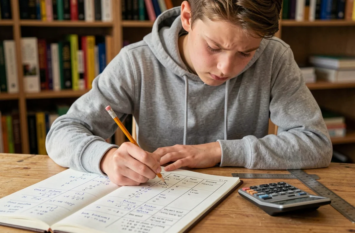 Adolescent travaillant sur un exercice de conversion de kilogrammes en tonnes à son bureau à la maison