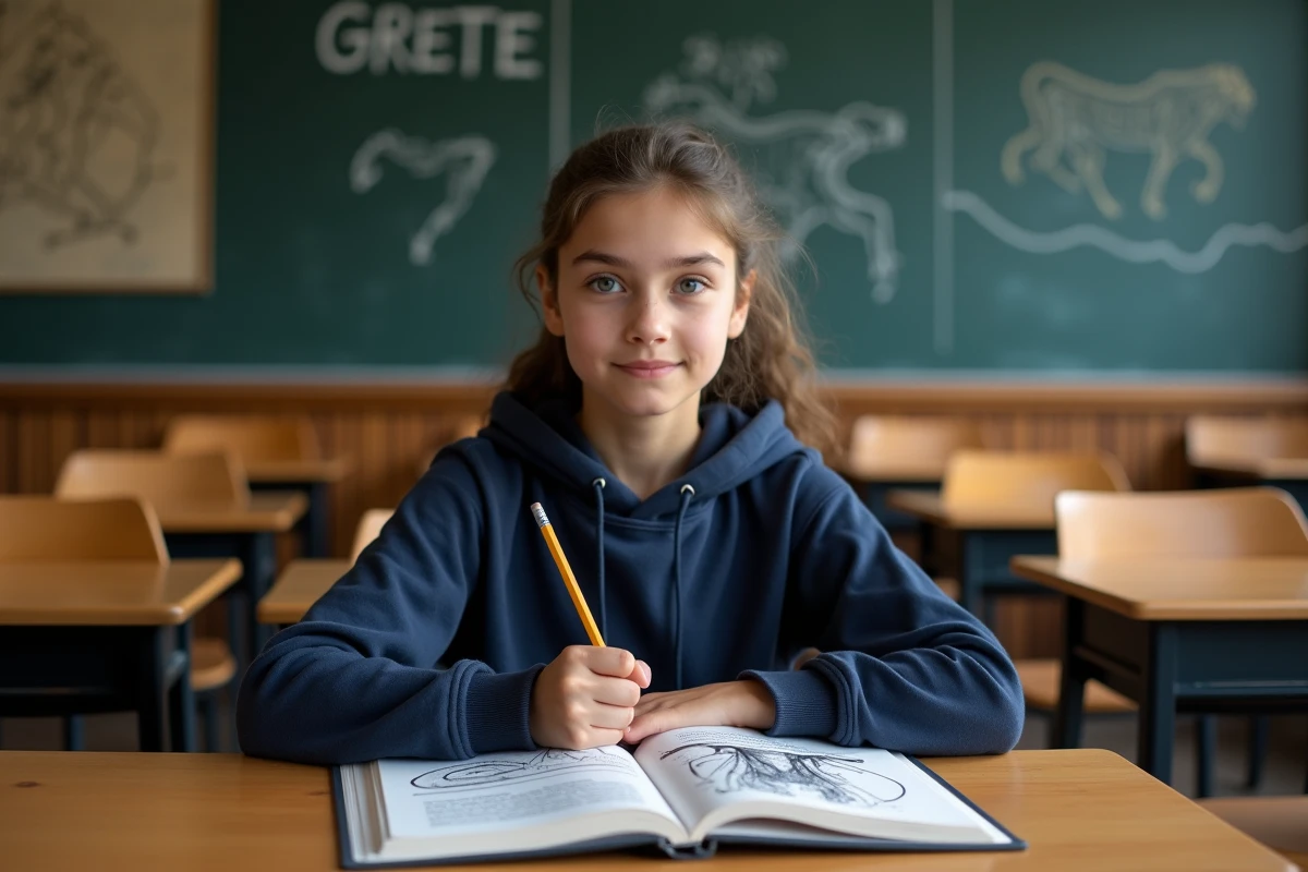 Élève lycéenne lisant un manuel scolaire illustré sur le mythe du Labyrinthe et du Minotaure en classe