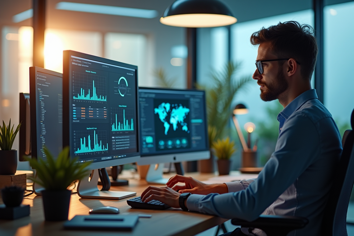 Employé dans un bureau ouvert analysant des tableaux de bord numériques