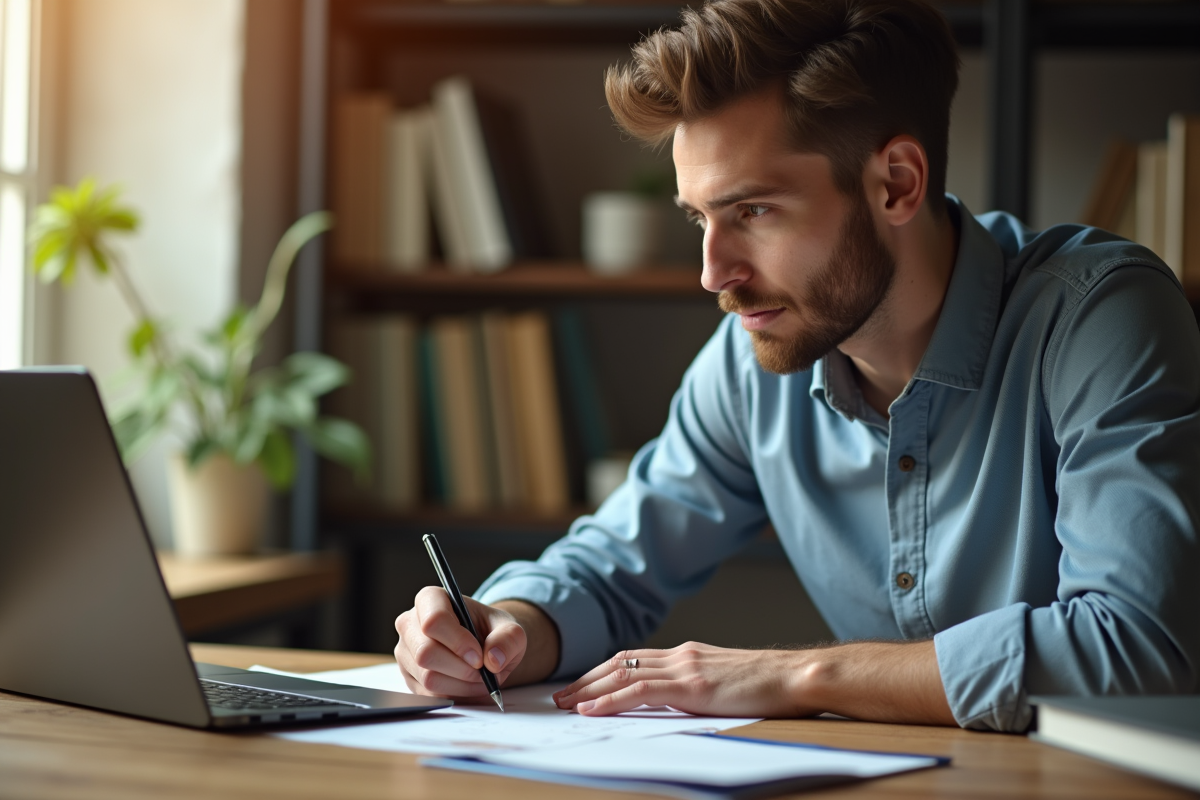 Employe concentré prenant des notes au bureau