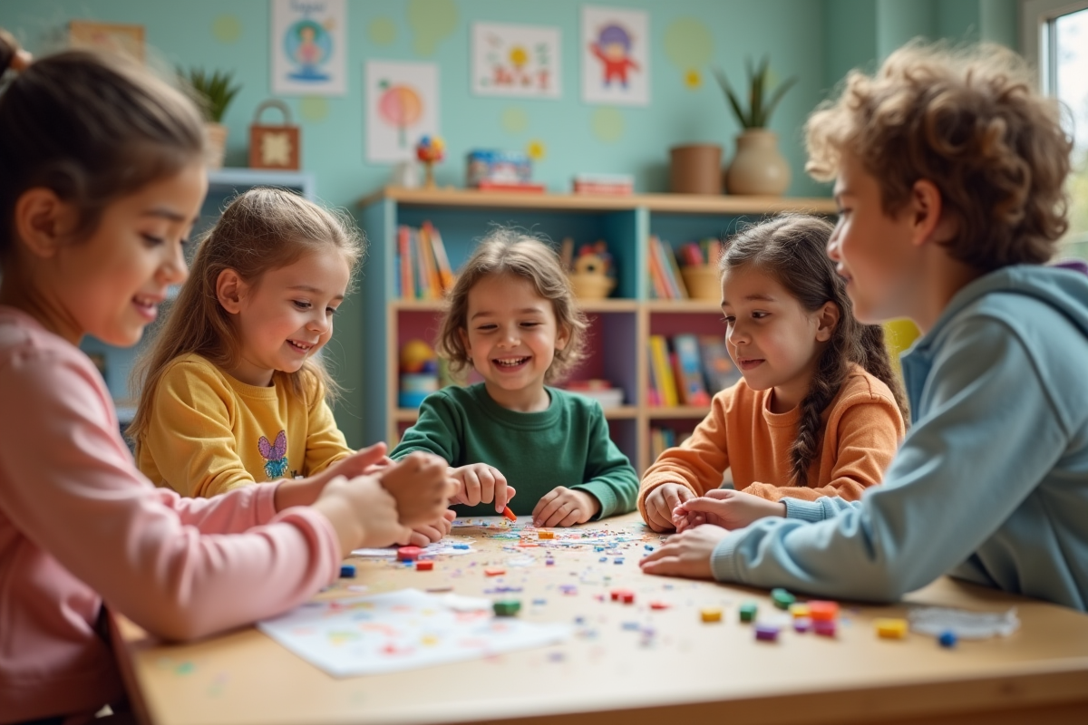 Enfants souriants lors d'une activité créative en centre communautaire