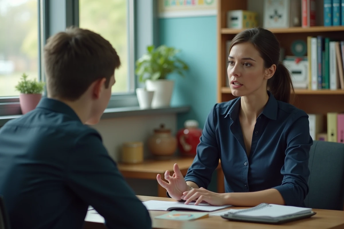 Enseignante en discussion bienveillante avec un adolescent dans un bureau scolaire, symbolisant le dialogue intergénérationnel sur le langage des jeunes