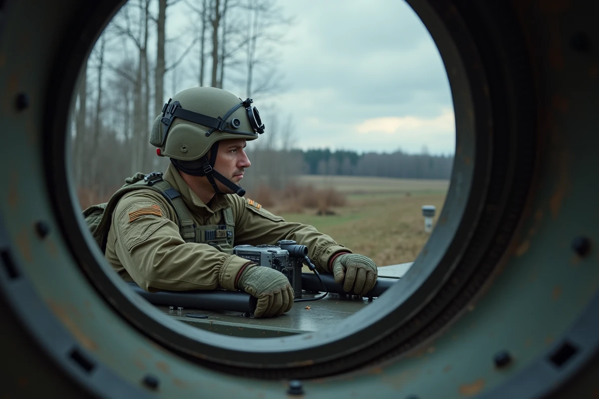 Membre d'équipage dans la tourelle d'un char M1A1 Abrams avec coupole de commandant et optiques de visée en détail