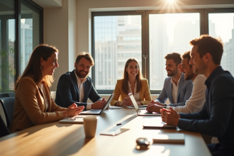 Equipe diverse collaborant dans un bureau lumineux