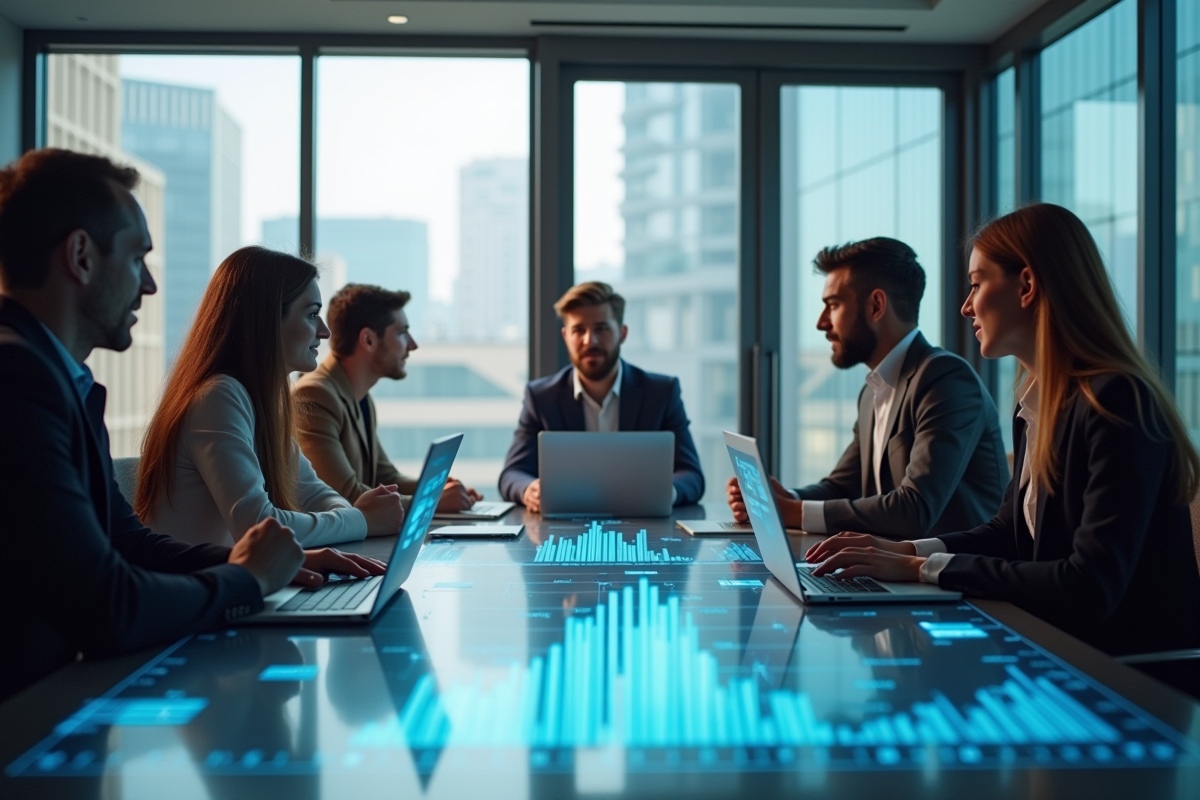 Groupe de professionnels marketing collaborant avec interface holographique