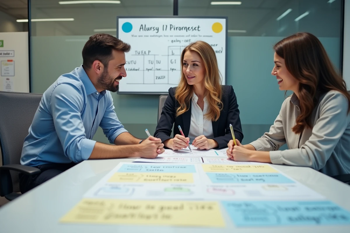 Équipe professionnelle discutant d'un planning de rotation en semaines paires et impaires autour d'une table de réunion