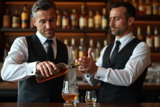 Barman versant du Johnnie Walker Black Label dans un verre inadapté, erreur de service du whisky en bar haut de gamme
