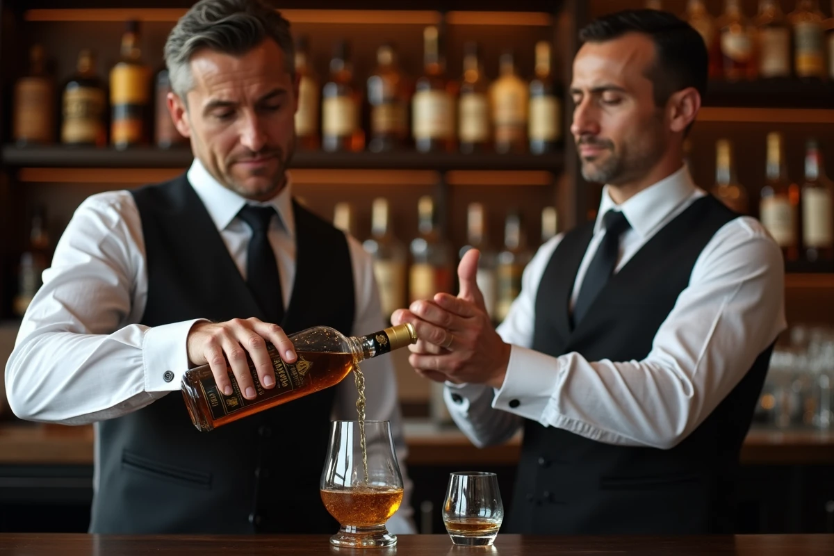 Barman versant du Johnnie Walker Black Label dans un verre inadapté, erreur de service du whisky en bar haut de gamme