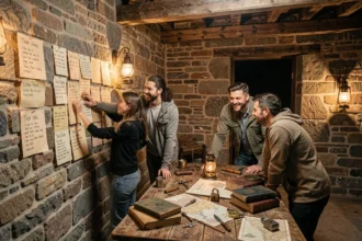 Groupe de joueurs plongés dans une salle d'escape game immersive dans les Vosges, entourés de décors en pierre et bois anciens
