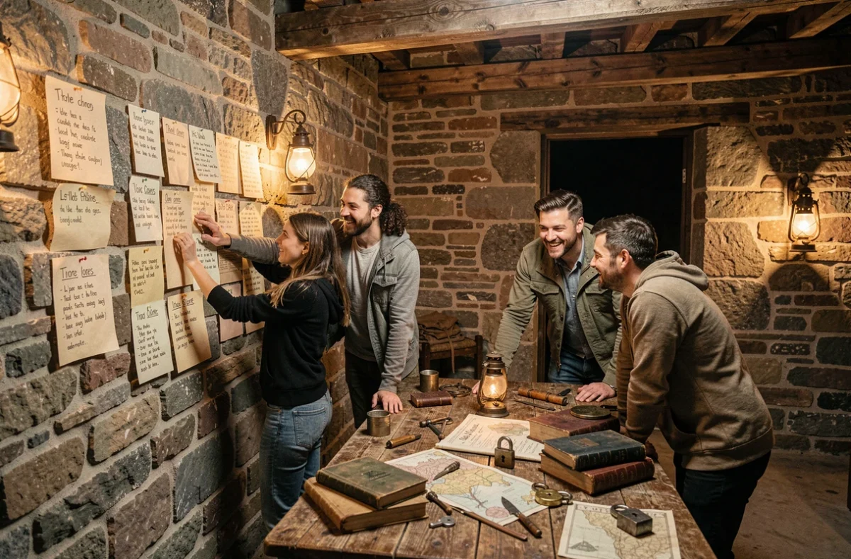 Groupe de joueurs plongés dans une salle d'escape game immersive dans les Vosges, entourés de décors en pierre et bois anciens