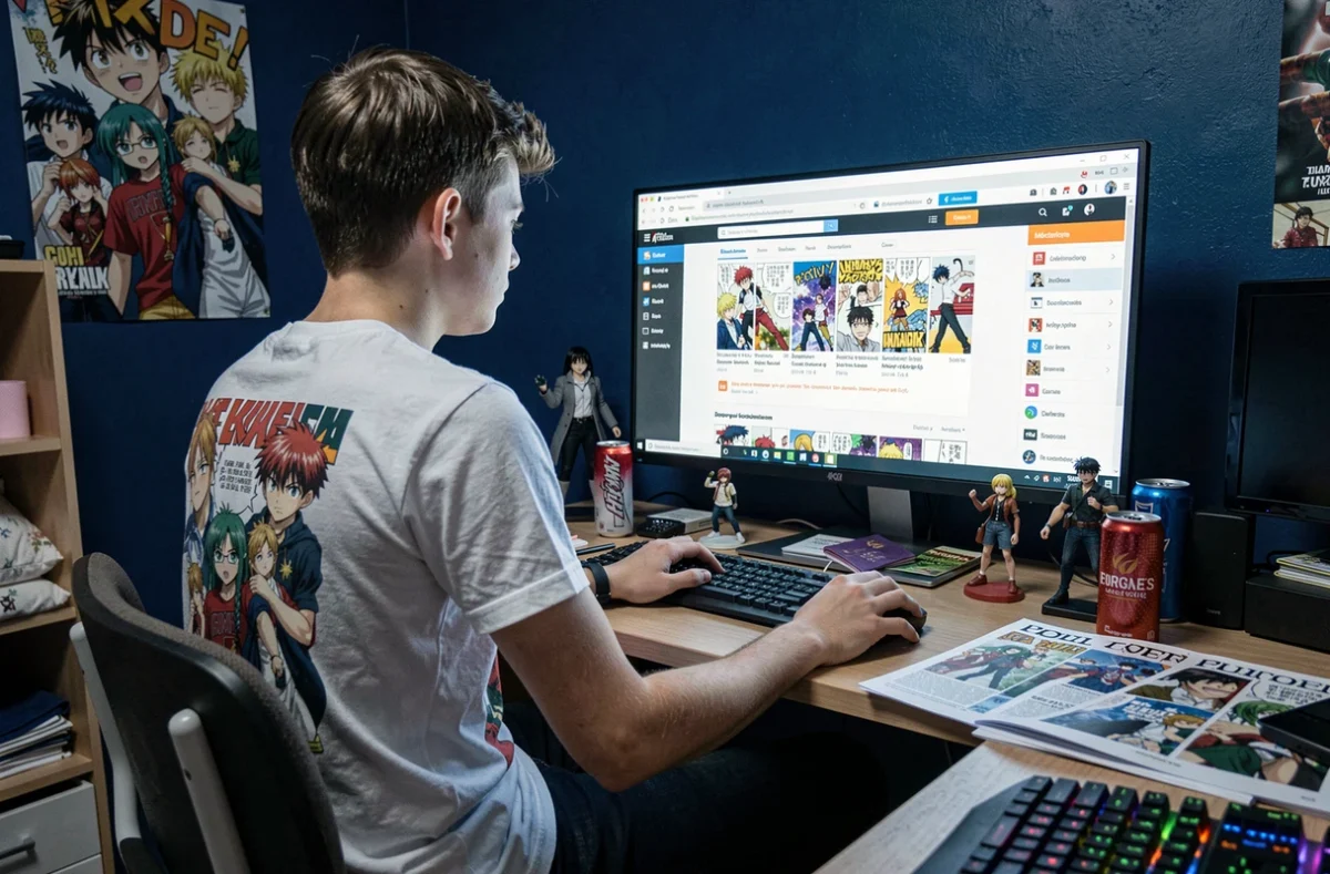 Adolescent lisant des scans manga en français sur un grand écran d'ordinateur dans sa chambre d'étudiant décorée de figurines et de posters manga