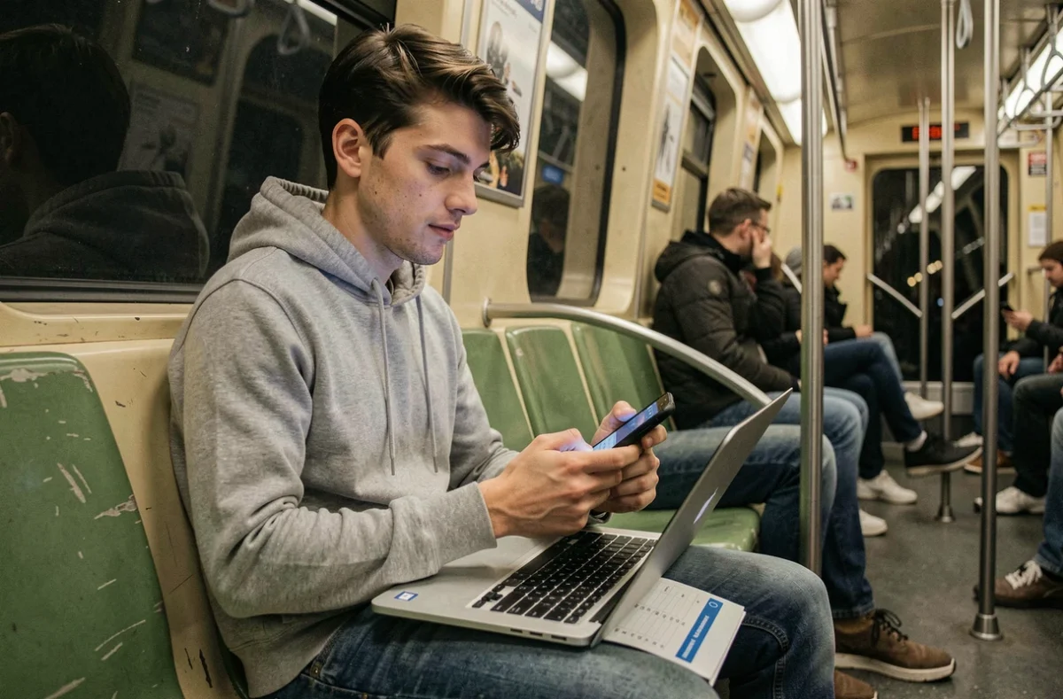 Étudiant dans le métro parisien consultant une application de transport sur son téléphone avec ses cours posés sur les genoux