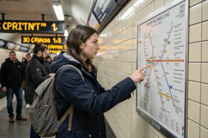 Étudiante consultant le plan du métro parisien dans une station, comparant les lignes pour son trajet universitaire