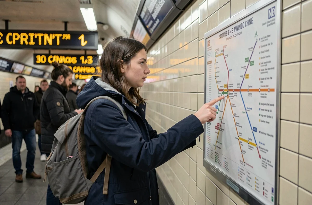 Étudiante consultant le plan du métro parisien dans une station, comparant les lignes pour son trajet universitaire