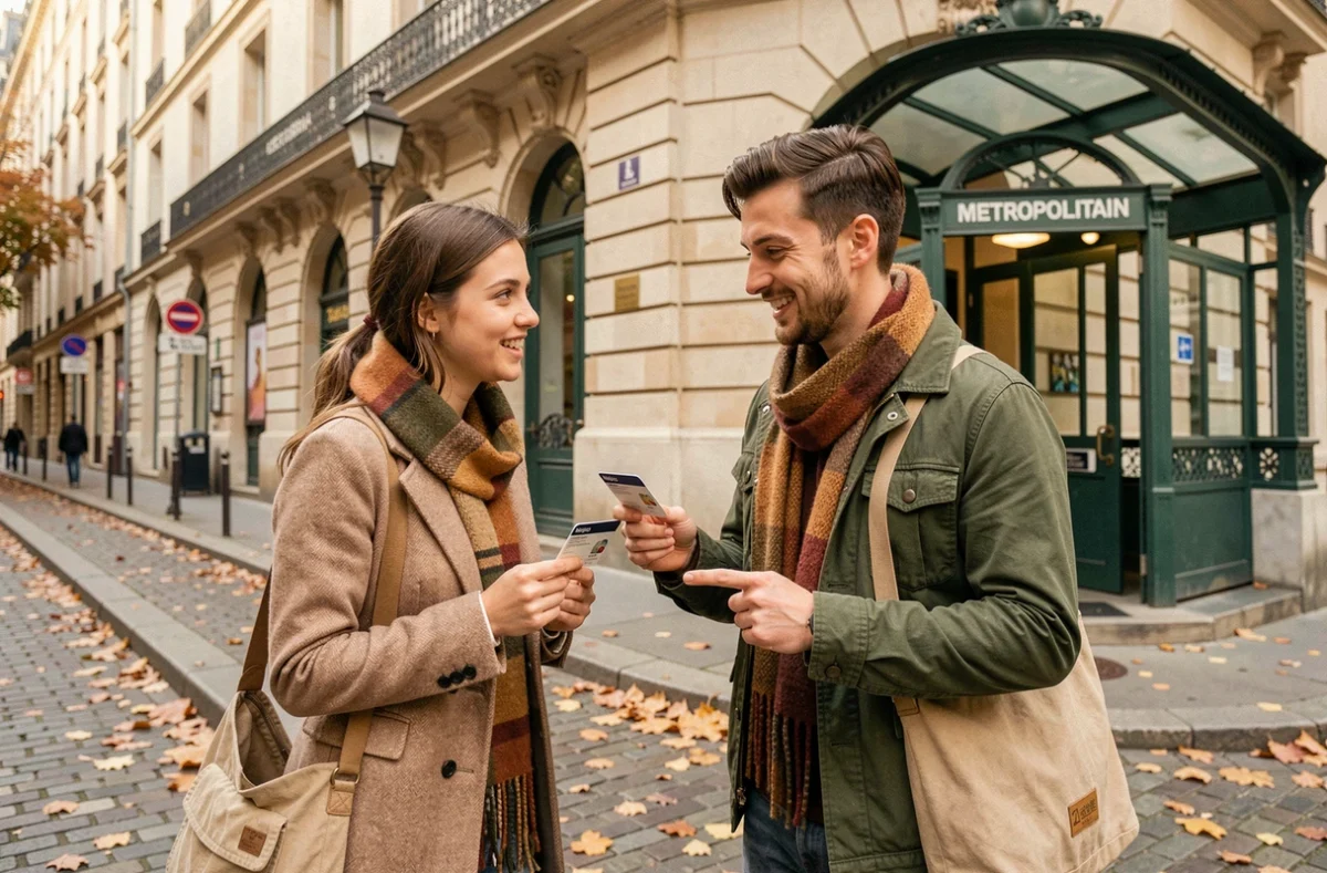 Deux étudiants comparant leurs passes Navigo devant une entrée de métro parisien en automne, discutant du choix de leur ligne