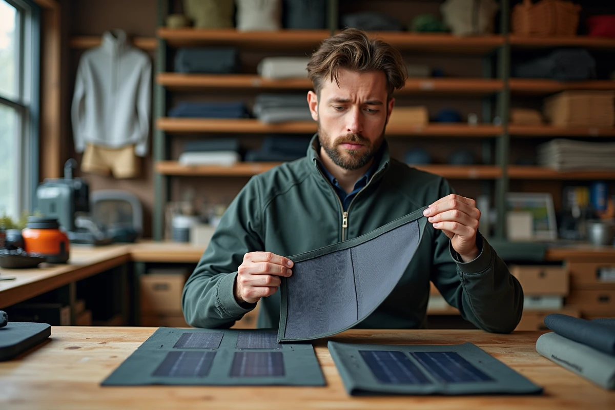 Technicien examinant un panneau textile solaire intégré dans une boutique d'équipements outdoor, guide comparatif des modèles Dfendr et Solar Skirt