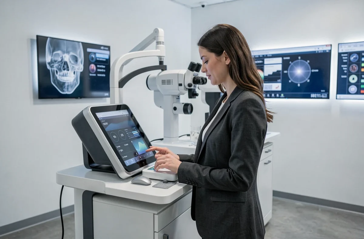Opticienne utilisant un équipement de technologie oculaire avancée dans la clinique Eye Tech Optic