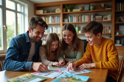 Famille découvrant ensemble le contenu d'un coffret ETB aventure autour d'une table en bois